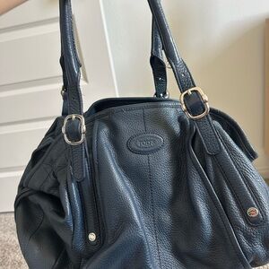 Navy Blue Leather Tote Bag